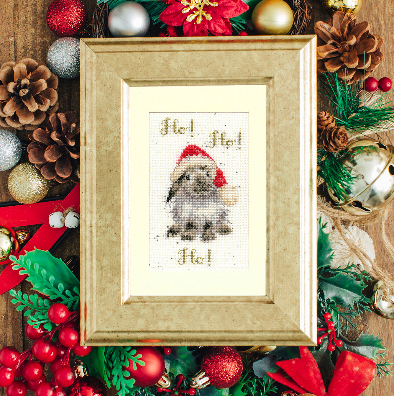 Ho! Ho! Ho! Christmas Card Cross Stitch Kit featuring Aida fabric, threads, and card.